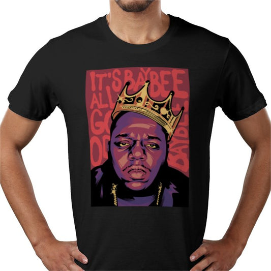 A black t-shirt featuring a vibrant print of the Notorious B.I.G