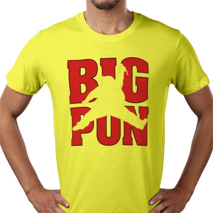 Yellow t-shirt with Big Pun text and graphic of a Big Pun Silhouette jumping like Air Jordan