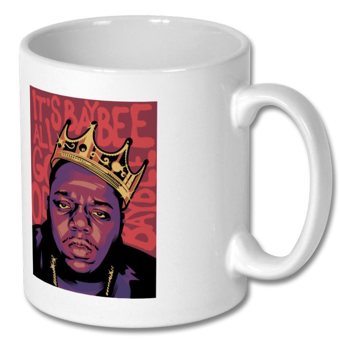 A White Mug With Biggie Smalls Art On The Side