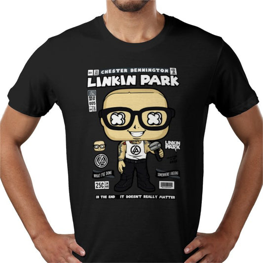 Black t-shirt with Linkin Park graphic design featuring a cartoon character and text.