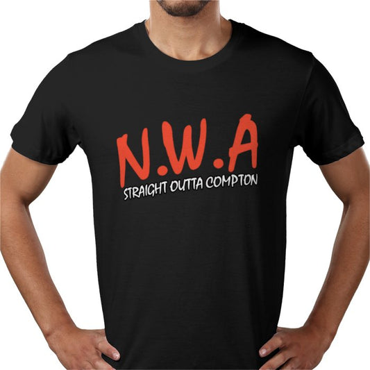 Black t-shirt with red and white text 'N.W.A. Straight Outta Compton' worn by a person.