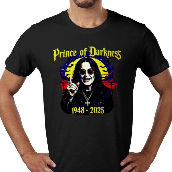 Black t-shirt with a graphic design of Ozzy Osbourne and text 'Prince of Darkness 1948-2025' on a white background