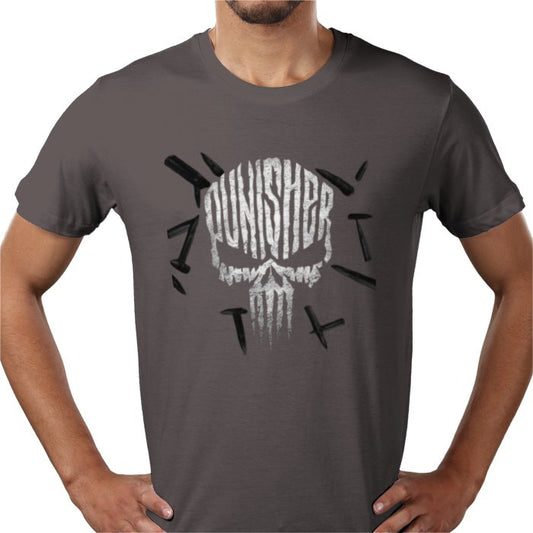 Person wearing a dark gray t-shirt with a skull and crossbones design on a white background