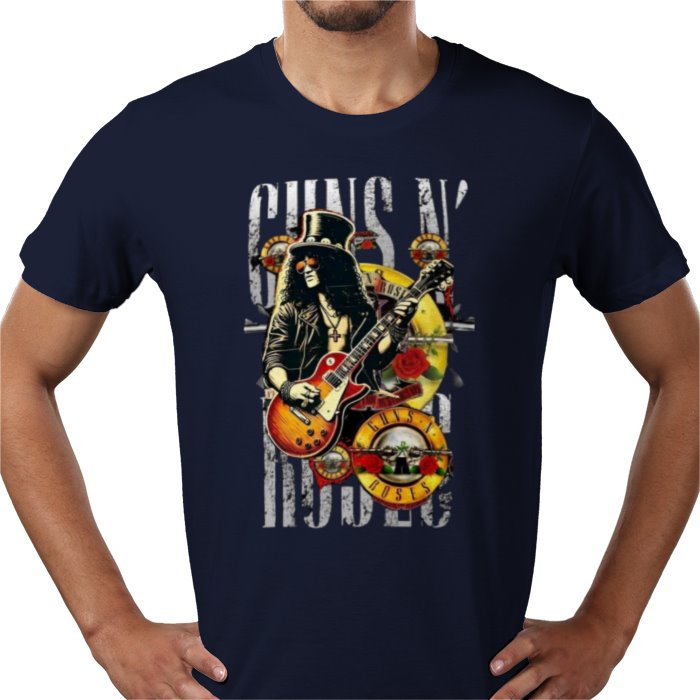 Navy blue t-shirt with Guns N' Roses graphic design featuring a musician playing guitar.
