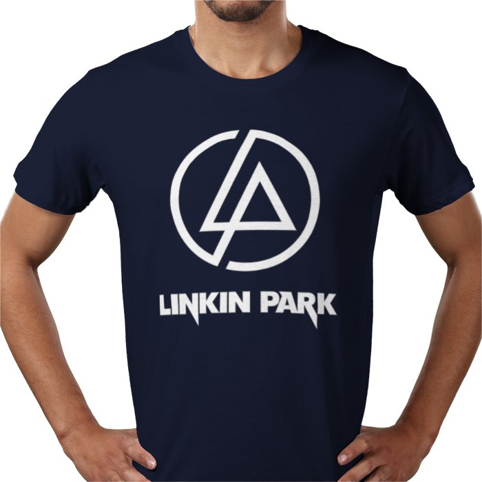 Person wearing a navy blue Linkin Park t-shirt with white logo