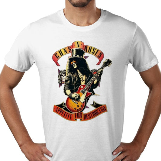 White t-shirt with Guns N' Roses graphic design featuring a guitar player and the band name.