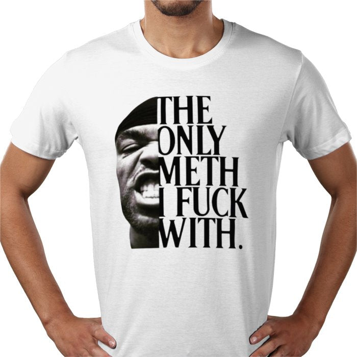 White Method Man t-shirt with graphic design and text worn by a person