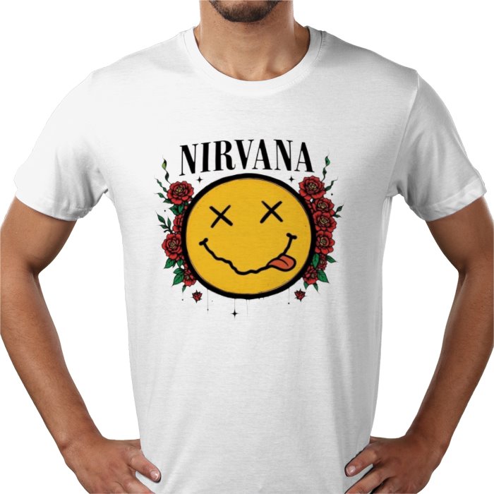 White t-shirt with Nirvana smiley face design on a white background