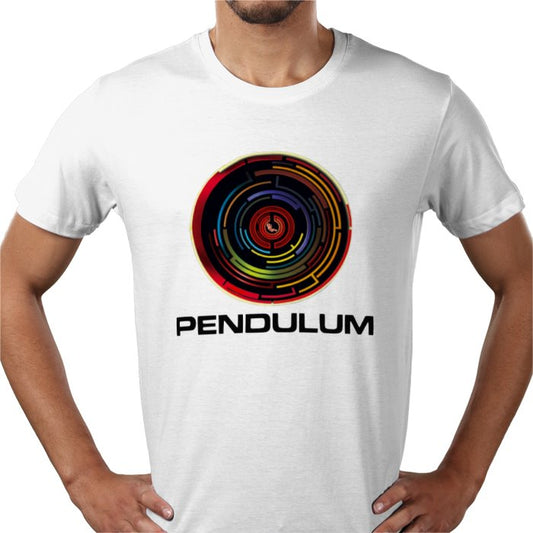A white t-shirt with a colorful geometric pattern and the word 'PENDULUM' displayed in a circular graphic design.