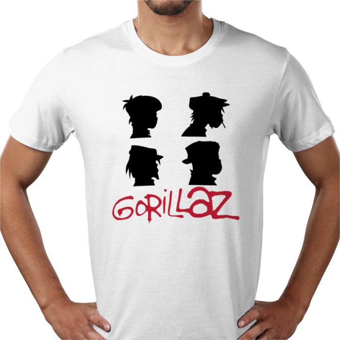 White t-shirt with black silhouette graphics and red 'Gorillaz' text on a white background