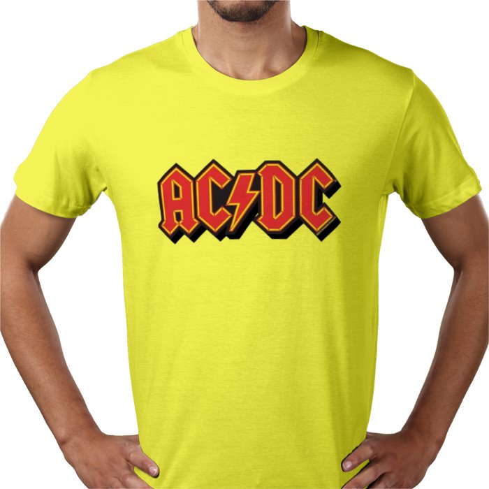 Person wearing a bright yellow t-shirt with AC/DC logo