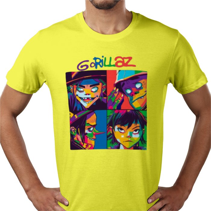 Person wearing a bright yellow t-shirt with colorful graphic design and 'Gorillaz' text.