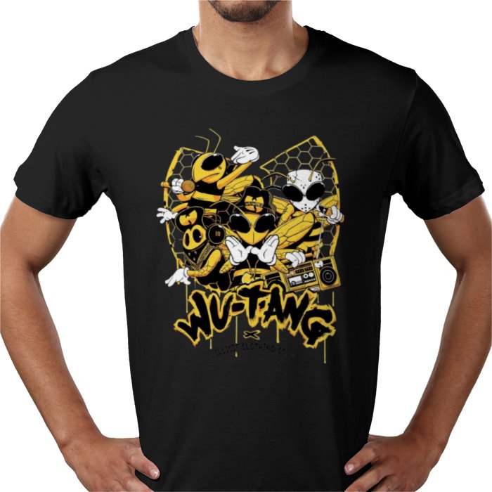 Black t-shirt with yellow and white graphic design on a person wearing it.