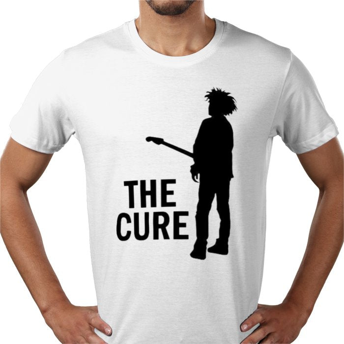White t-shirt with black silhouette graphic and 'The Cure' text